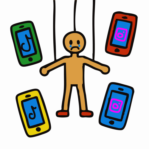 puppet on strings surrounded by colorful iphones