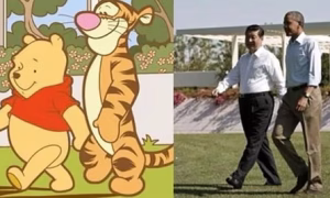 Xi Jinping walking with President Barack Obama, alongside an image of Winnie the Pooh walking with Tigger